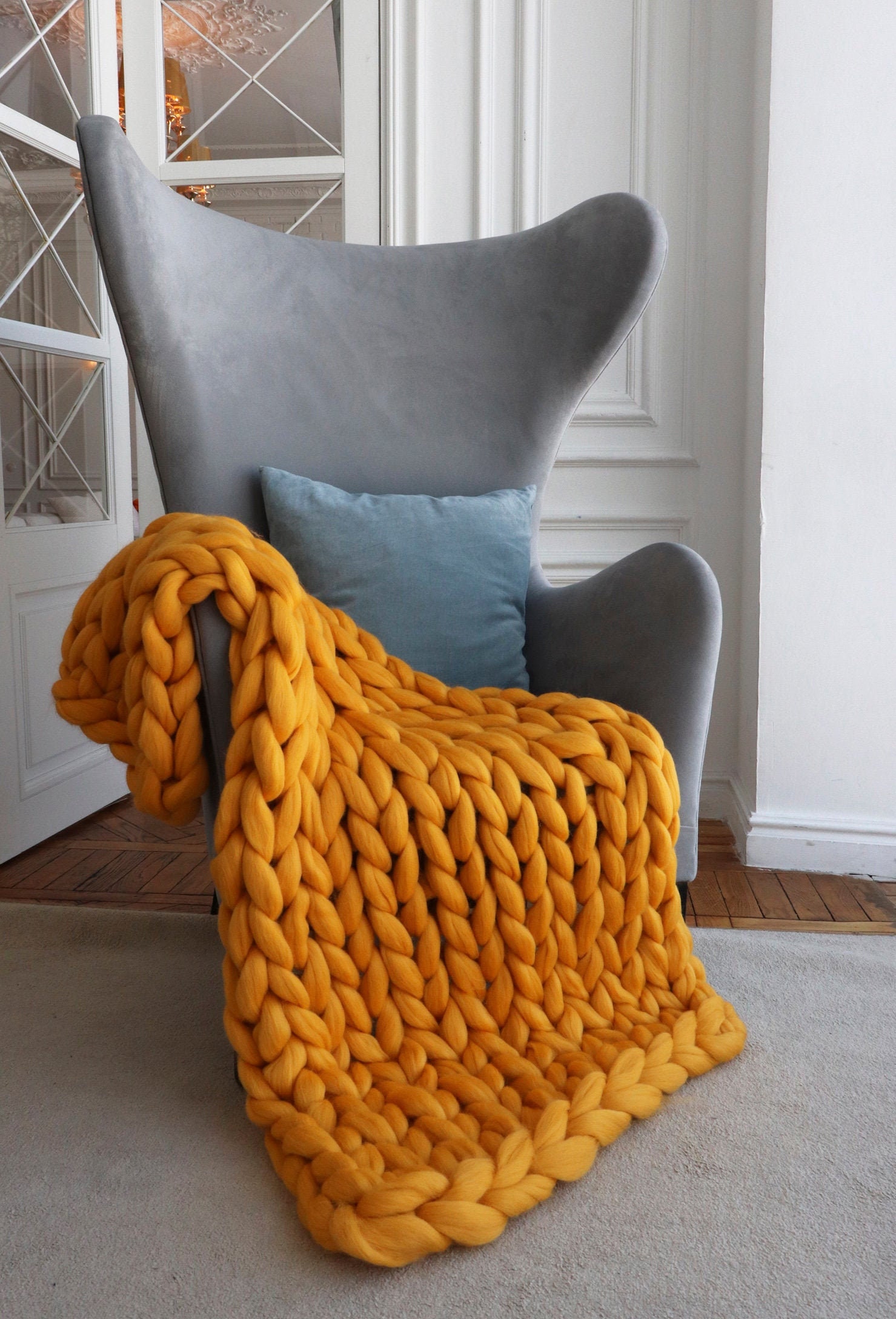 Yellow Knit Blanket Yellow Chunky Knit Blanket Yellow | Etsy