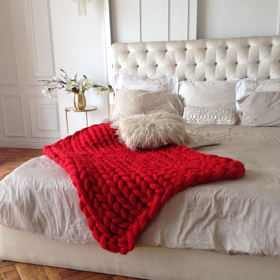 Red Chunky Knit Throw. Merino wool blanket. Giant knit Etsy