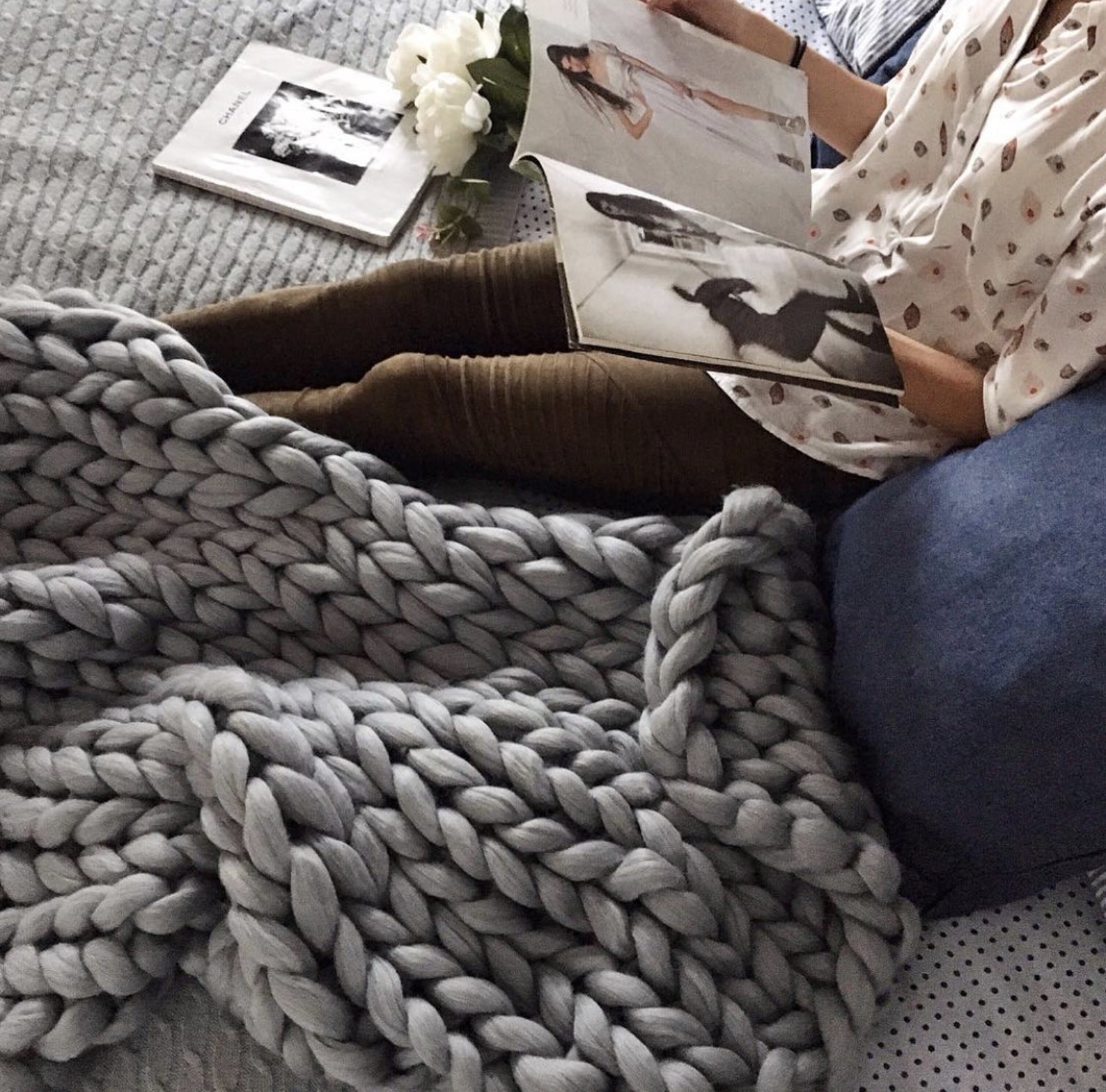Grey Knit Blanket Grey Chunky Knit Blanket Grey Throw Etsy