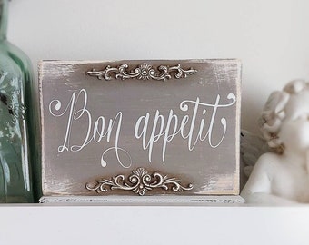 Bon appetit sign, French country kitchen decor, Farmhouse wood signs, Custom signs