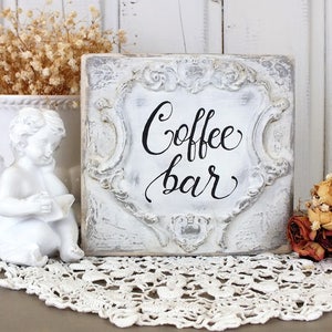 Coffee bar sign, French cottage Coffee station decor, Farmhouse wood signs, Housewarming gift idea, Coffee lover gift, Wedding table decor, Coffee station plaque, Handpainted and distressed signs, Baroqued kitchen decor