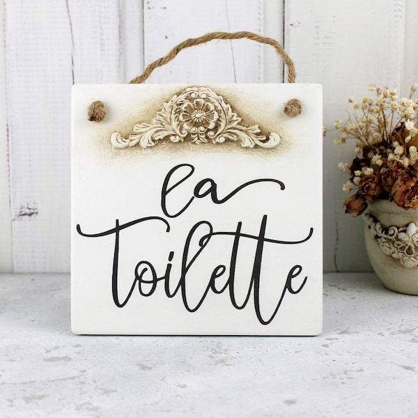 La Toilette sign, Farmhouse bathroom door sign, Vintage style French country plaque, Rustic toilet hanging sign, Little wood decor