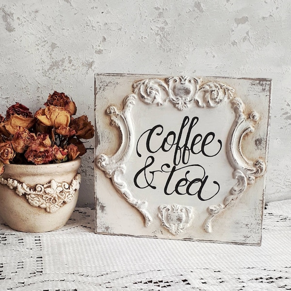 Coffee tea bar sign, French antique plaque, Of white farmhouse kitchen decor, Gift for coffee lover, Coffee station or tea table wood sign