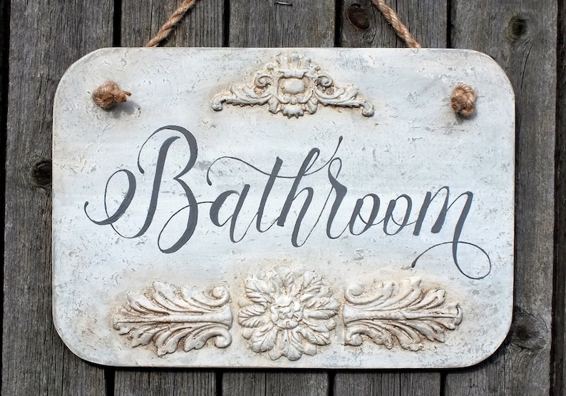 French bathroom sign Bathroom door sign Farmhouse chic wood Etsy