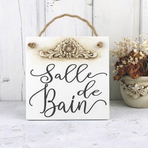Salle de bain sign, Vintage french country bathroom decor, Old farmhouse powder room wall decor, Restroom wood plaque