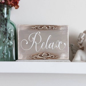 Relax sign, Bathroom decor, Wooden Spa sign Shabby chic decor Vintage style sign Yoga relax sign