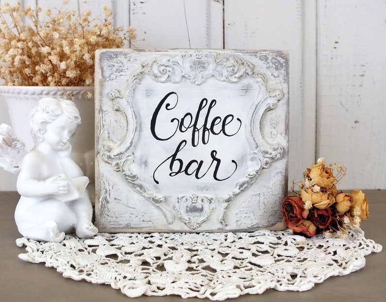 Coffee bar sign, French cottage Coffee station decor, Farmhouse wood signs, Housewarming gift idea, Coffee lover gift, Wedding table decor, Coffee station plaque, Handpainted and distressed signs, Baroqued kitchen decor