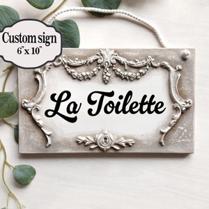 Letrero de madera La Toilette, placa personalizada de estilo rústico francés