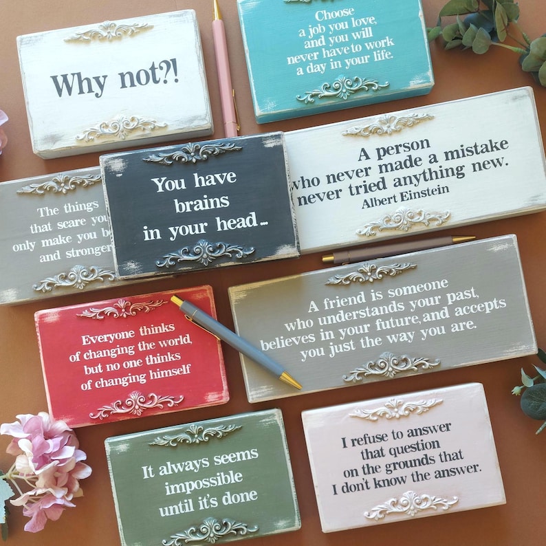Personalized wood sign with clay ornaments. Hand painted shelf or desk decor. Little gift for best friends or family