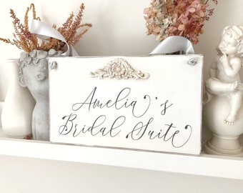 Personalized bridal suite sign, Hanging wedding sign, Custom bride name plaque, Shabby wedding decor