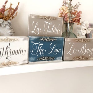 French country bathroom sign, Custom wood signs, Shelf decor