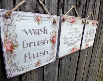 French country bathroom rules set of 3 signs Shabby chic bathroom wall hanging Vintage wooden decor Wash brush Flush sign Guest bathroom art