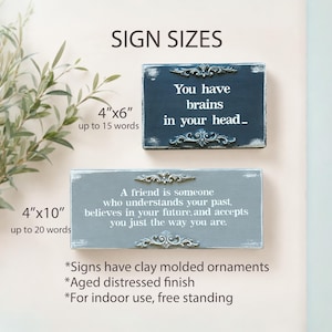 May include: Two rectangular wooden signs with decorative molding. One is navy blue with the text "You have brains in your head..." and the other is gray with the text "A friend is someone who understands your past..."
