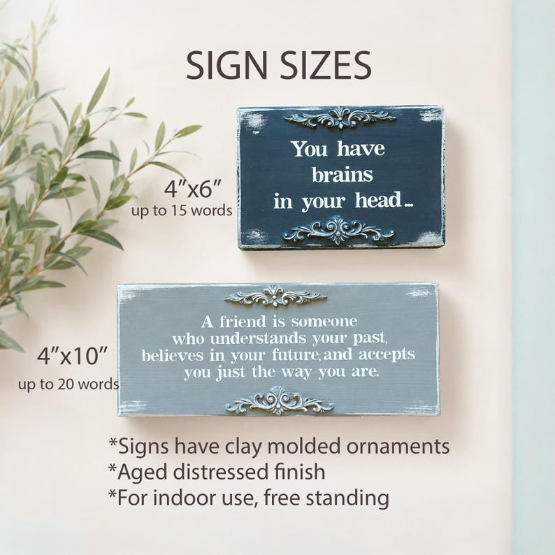 May include: Two rectangular wooden signs with decorative molding. One is navy blue with the text "You have brains in your head..." and the other is gray with the text "A friend is someone who understands your past..."