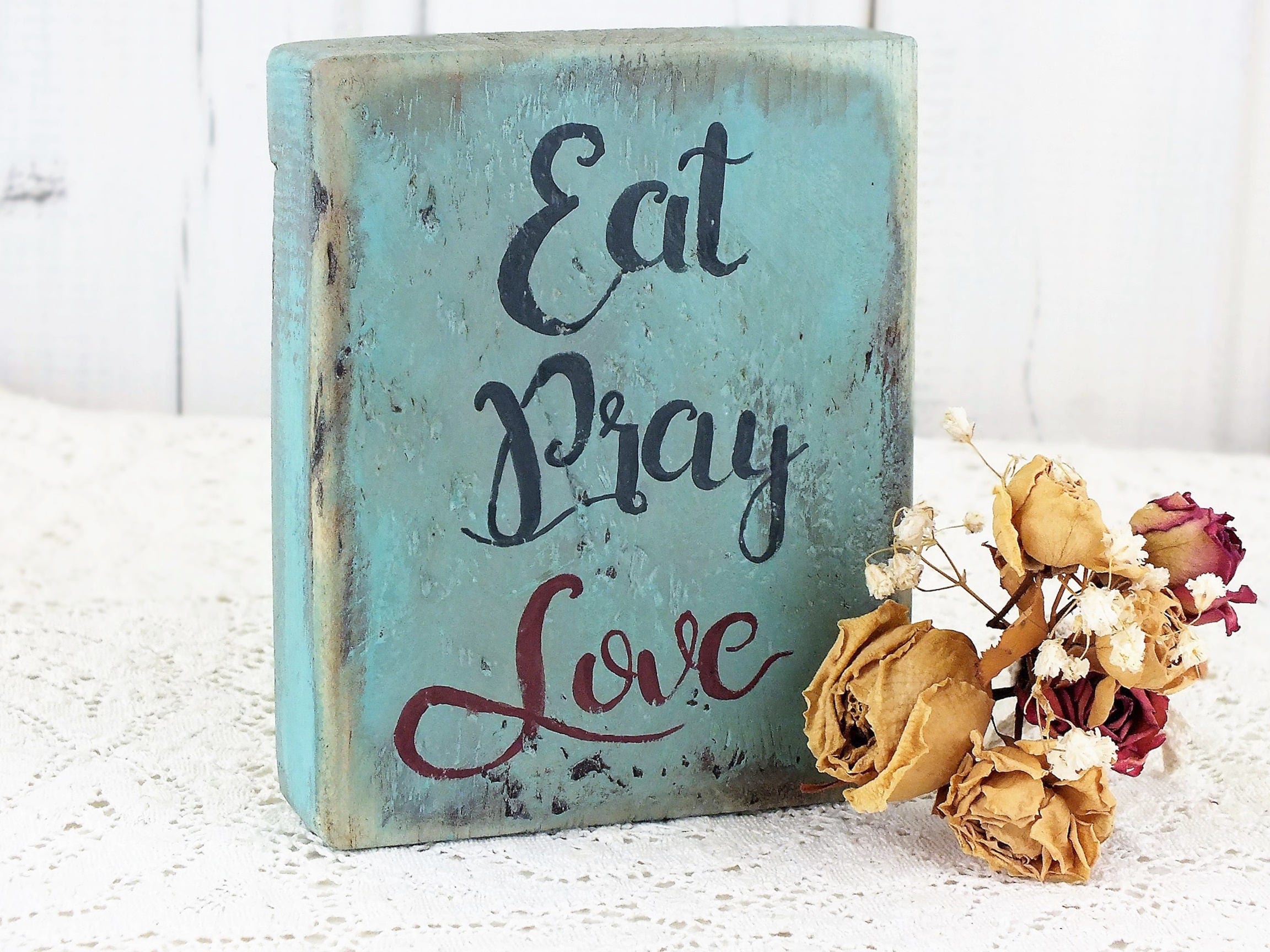 Vintage Eat pray love wood sign Kitchen shelf or table decor Etsy