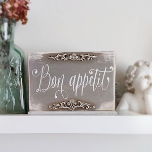 Bon appetit sign, French kitchen decor, Farmhouse shelf sitter wood signs