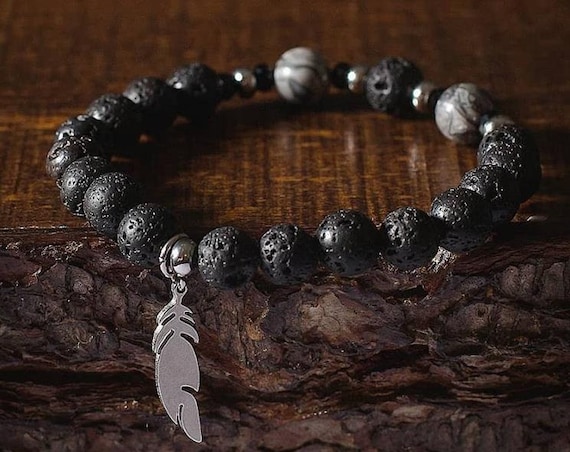 Lava stones, grey and black Jasper and black charm with Crystal and bracelet 5 ml essential oil (Purolator shipping 2 days)