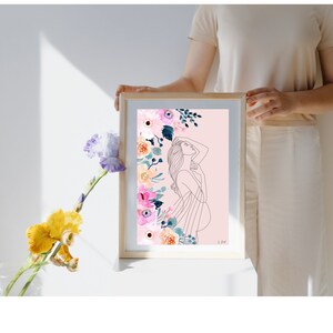 Floral pregnancy art | Pregnancy Print | Pregnancy Wall Decor| Pregnancy Digital Download | Pregnancy Line Art | Pregnant Woman Art