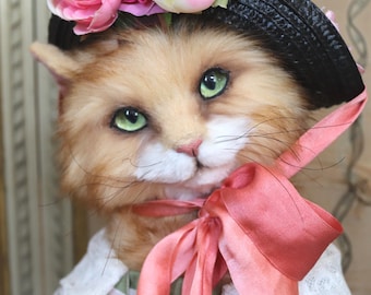 Vintage Bisque Cat Doll in Floral Dress and Bonnet – Victorian