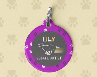Escape Artist Purple Pet Tag, Pet Id Tags for dogs, Funny dog Tags, Personalized Pet Tag, Cute pet tag, Dog name Tag, Engraved dog tag