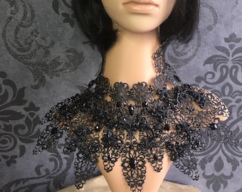 Chocker Neck armor, Armor breastplate collar, Gothic Victorian high collar, black metal lace neck corset, baroque collar with rhinestones.