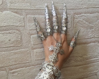 Armpanzer, gotischer Fingerpanzer, Handpanzer und Fingerkrallenring, Armschmuck, Komplettes Set: silberfarben!