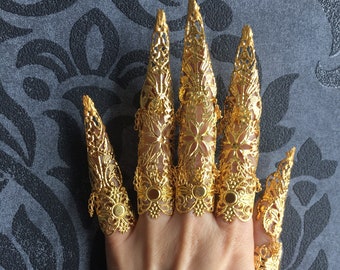 Gold full Finger Armor nail Claws ring articulated, Knuckle Ring, Claws glove hand armor gold Style 1 (more for Long Fingers)