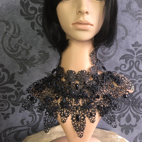 Collier plastron armure, corset de cou en dentelle de métal noir, collerette baroque avec strass, col haut victorien gothique