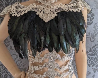 Full body armor outfit, underbust belt corset and shoulder armor and feather shoulder pads, neck collar armor, shoulders metal