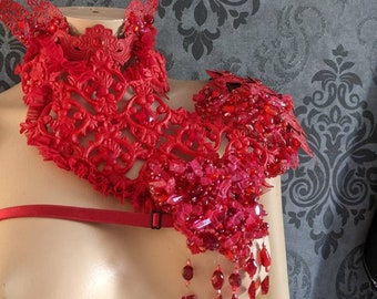 Blood red asymetrical shoulder pad with Victorian collar bloody heart, throat armor collar, high lace collar, choker, valentine's day jewel