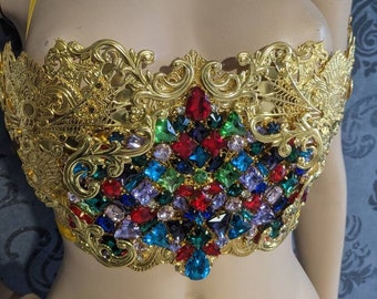 Woman bust armor, gold bra, metal corset, fashion breastplate with high quality rhinestones!