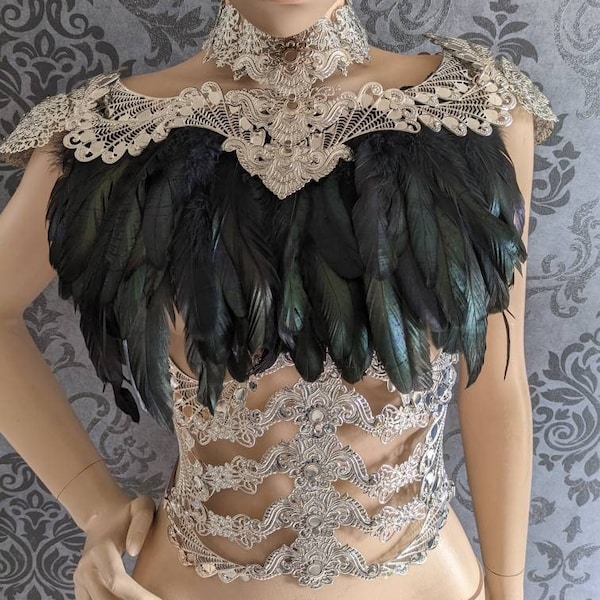 Tenue plumes et métal: armure de corps avec demi corset, ceinture de taille, corset sous poitrine et bijou d'épaules, épaule armure