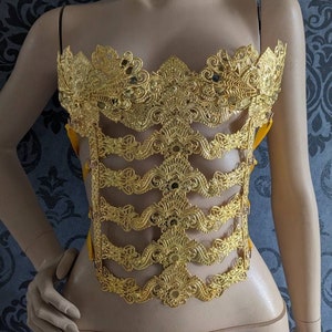 Gold metal bustier body armor, bodice for women, fantasy corset