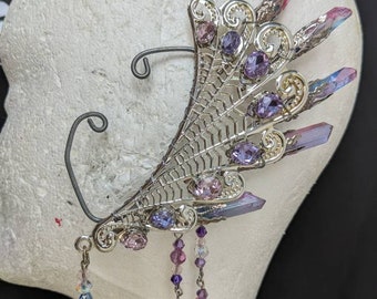 Elven Ear Cuff – Unique Fantasy Ear Wrap with Crystals and Glass Beads in Soft Pink and Lavender