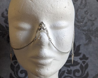 Nose bridge cuff, without piercing, face harness jewel in chains: gold or silver