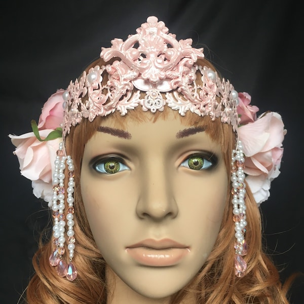 Couronne fleurs et métal: rose pastel perles & gouttes de verre, princesse sirène des fleurs