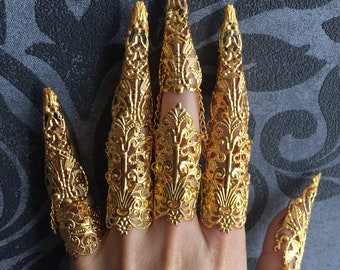 Full Armor articulated finger Claws nails ring gold set Style 2, Perfect for All Hands!