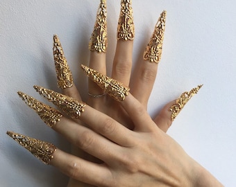 Nail ring claws, nail armor, long clip on nails, wudu, fingertip ring, faerie ring, fantasy wedding (Pack of 5 or 10): gold or silver color.