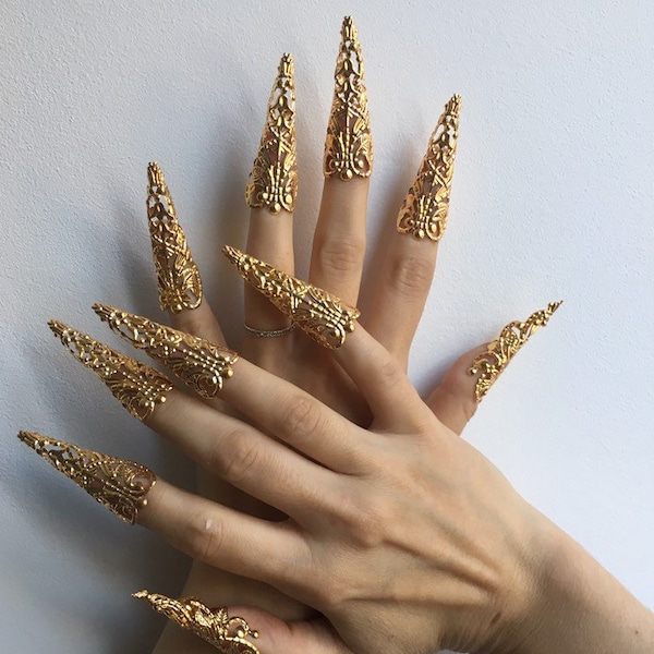 Nail ring claws, nail armor, long clip on nails, wudu, fingertip ring, faerie ring, fantasy wedding (Pack of 5 or 10): gold or silver color.