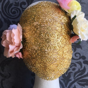 Semi-blind mask, gold metal lace, full face mask with decorative flowers (optional), perfect for a creepy doll look!