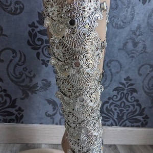 Legs armor, shin guards, legs accessories, high knee, silver metal  (Set of two).