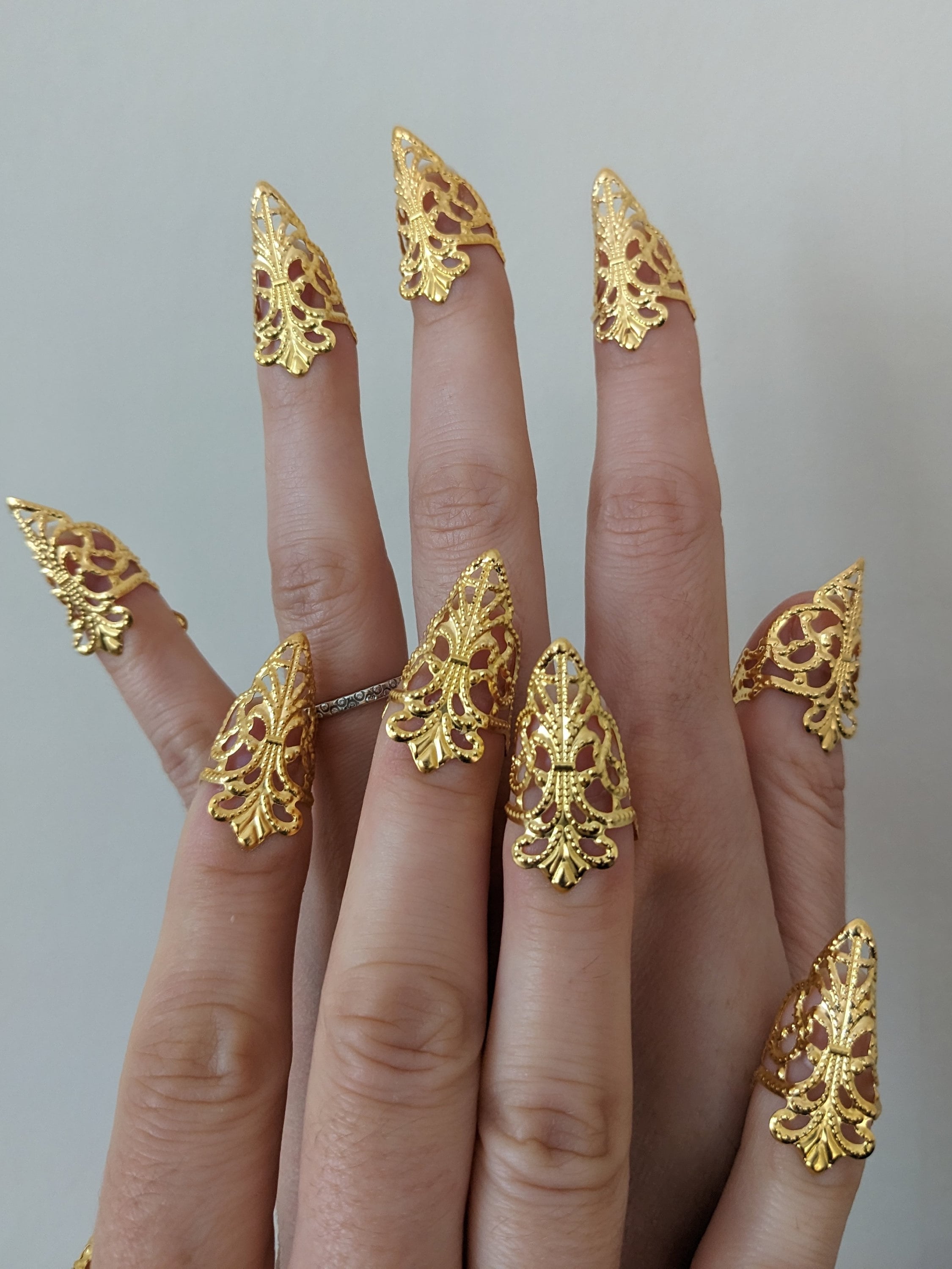 Shiny Punk Style Metallic Gold Color False Fake Nails Metal Plating Acrylic  Long Reflective Mirror Press on Finger Nail Art Tips - AliExpress