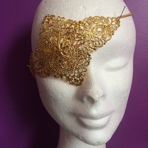 Gold metal eye patch, pirate eye patch, steampunk face piece, half mask semi blind