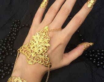 Full set Hand armor jewel hand chain wrist bracelet & fingers rings claw nail armor gold