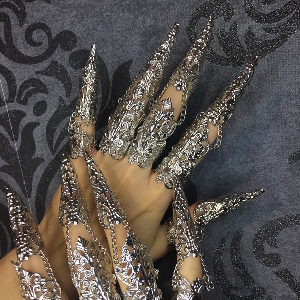 Anneau Bague Armure griffes de doigt complète articulée argent longues Style 2, parfaites pour tous les types de mains!