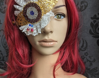 Gold metal eye patch, pirate eye patch, steampunk face piece, half mask semi blind, french revolution, patriot, french lace baroque sexy
