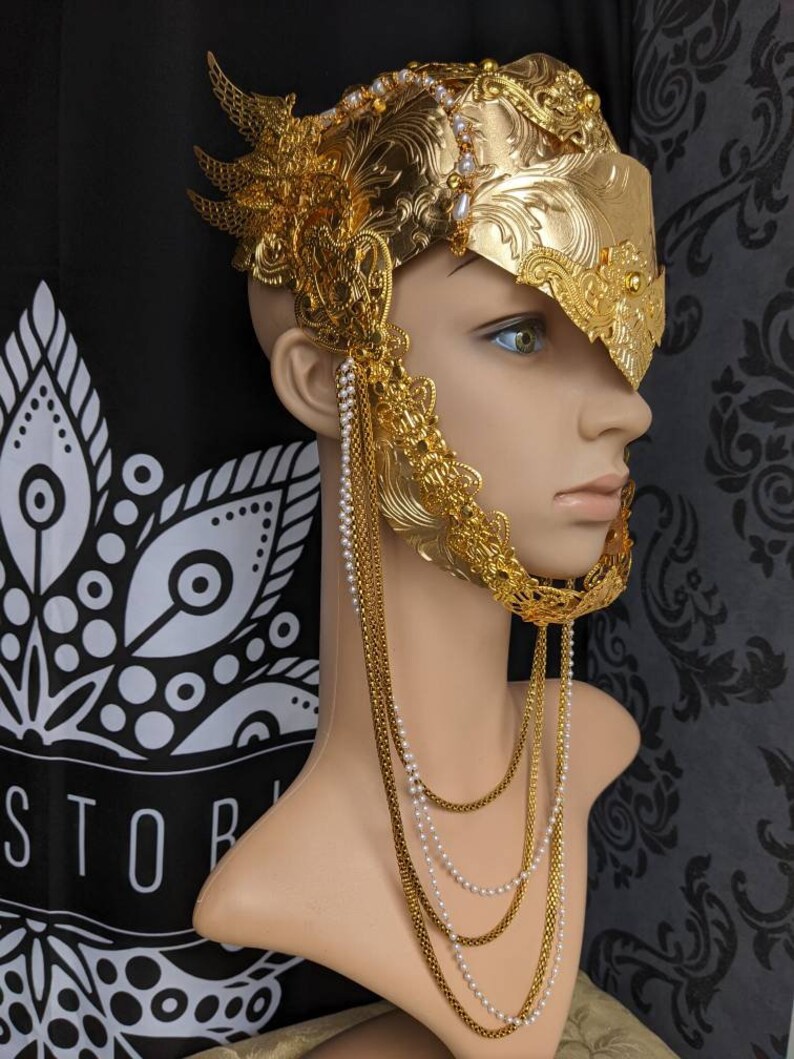 Valkyrie helmet in gold color, warrior headpiece, faux-leather & metal, detachable wings Gold wings warrior image 2
