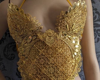 Woman gold metal corset, female upper body armor bustier gold, woman medieval breatsplate. Fantasy corset. Medieval wedding woman armor.