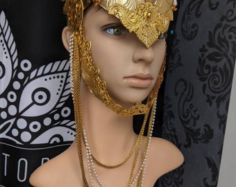 Valkyrie helmet in gold color, warrior headpiece, faux-leather & metal, detachable wings! Gold wings warrior