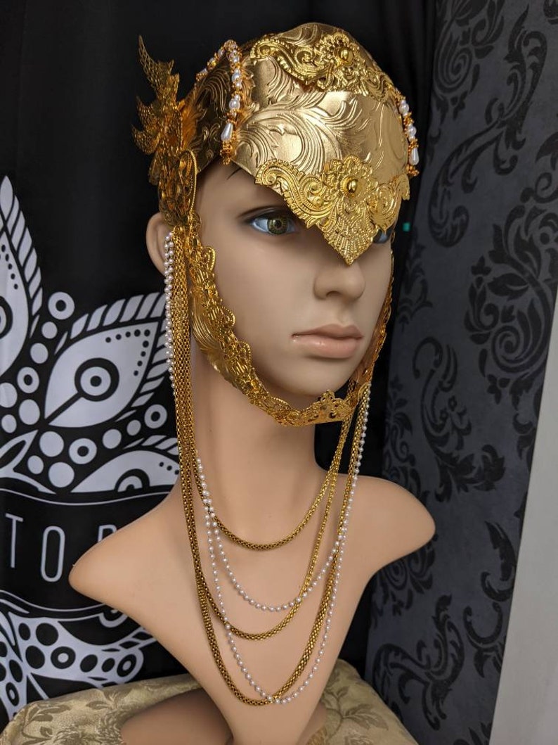 Valkyrie helmet in gold color, warrior headpiece, faux-leather & metal, detachable wings Gold wings warrior image 1